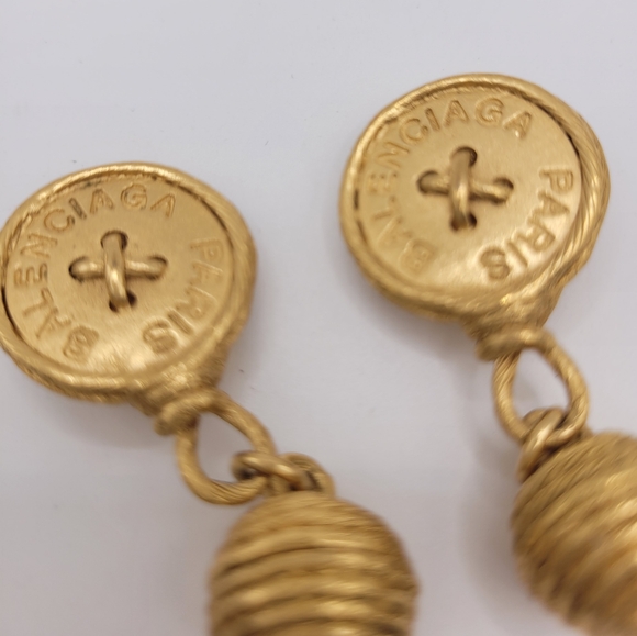 Vintage Balenciaga Gold Plated Button Dangle Earrings - Picture 2 of 3